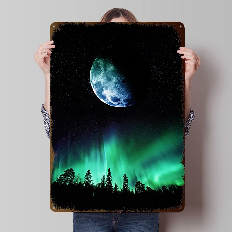 Mondlicht-Aurora über dem Wald Poster, personalisierte Vintage-Metallschilder, Wandkunst, Retro-Blechschild für Raumdekoration, Gaming, Zuhause