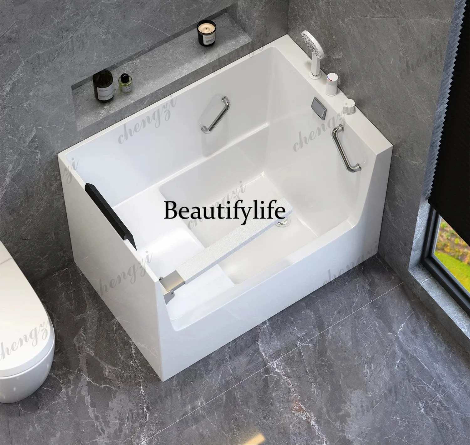 Walk-in bathtub small apartment with large handrails to assist in bathing
