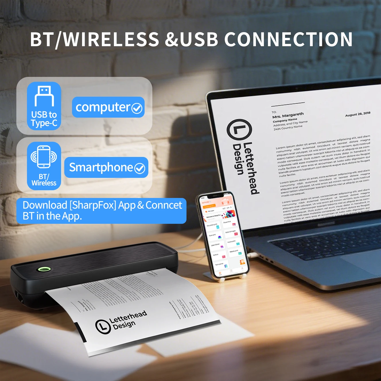 

Portable Thermal Printer, Wireless Printer Supports 8.5" X 11"US Letter, A4&A5 Paper, Inkless Travel Printer