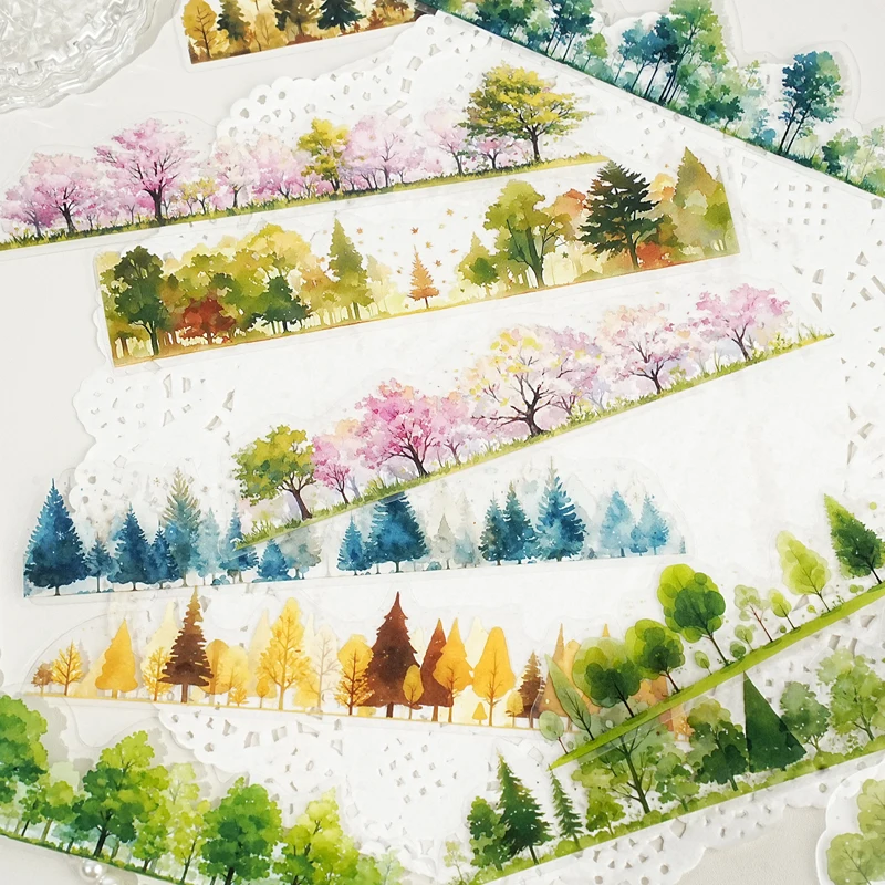 15 Stück Streifen-Landschafts-PET-Aufkleber-Set mit natürlichen Motiven für Junk Journal, DIY, Scrapbooking, Schulbedarf, Collage, Schreibwaren-Aufkleber
