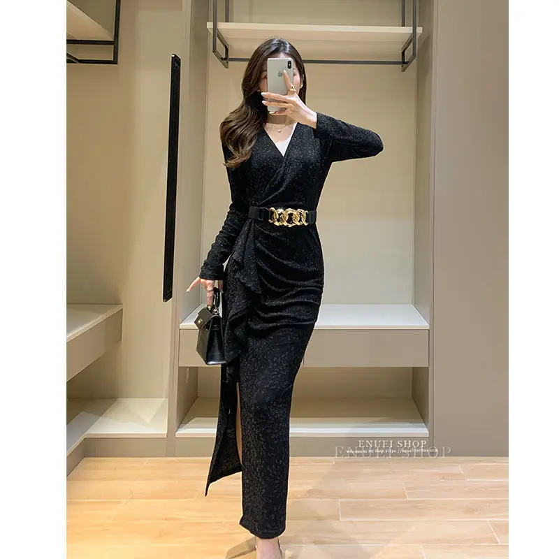 Tuxedo Dress women's dress elastic bright silk large women's store flash silk collar long sleeve side fork covered belly long Hi