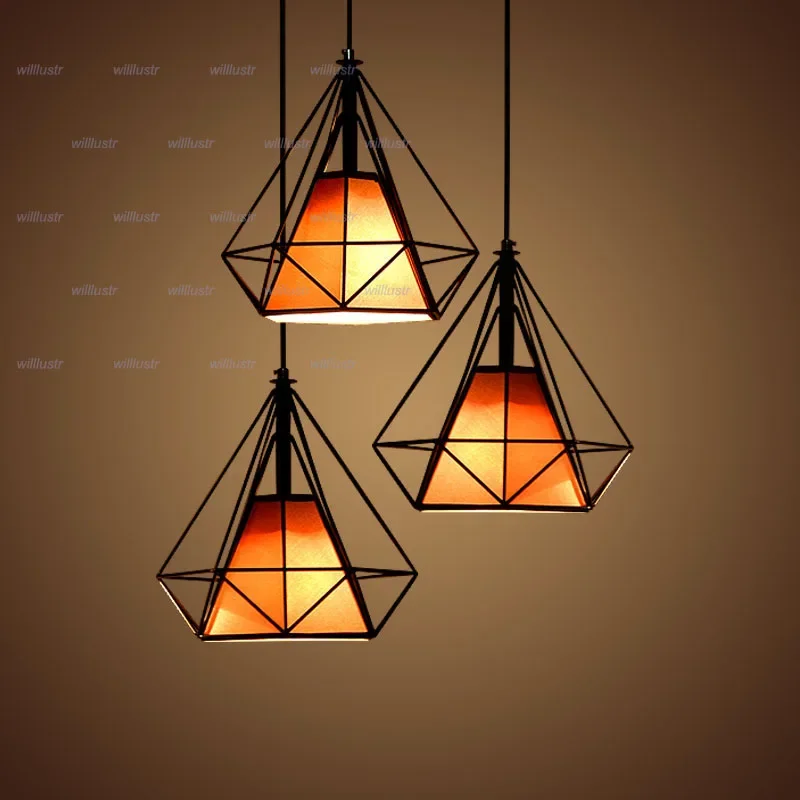 Metal Frame Fabric Pendant Lamp Wrought Iron Ceiling Chandelier Dinning Room Bar Cafe Diamond Shape Suspension Hanging Lighting