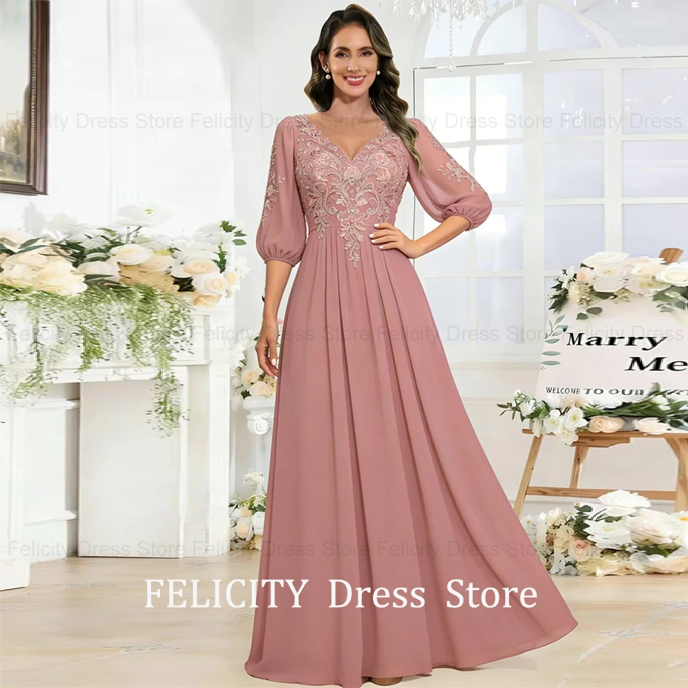 FELICITY Customized Chiffon Elegant Mother of the Bride Dress 2026 V-Neck A-Line Appliques Long Wedding Guest Dress Evening Gown