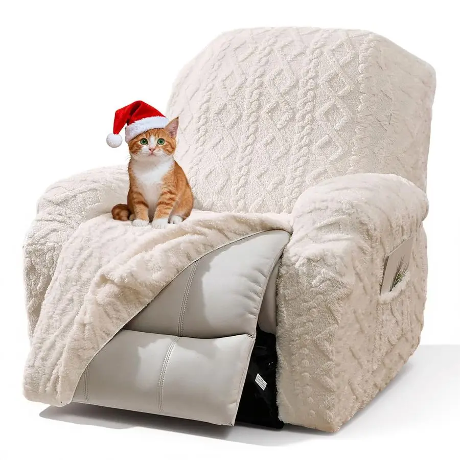

4 Pieces Geometric Jacquard Plush Recliner Slipcovers Soft Fuzzy Fluffy Sofa Couch Cover AntiSlip Furniture Protector with Elast