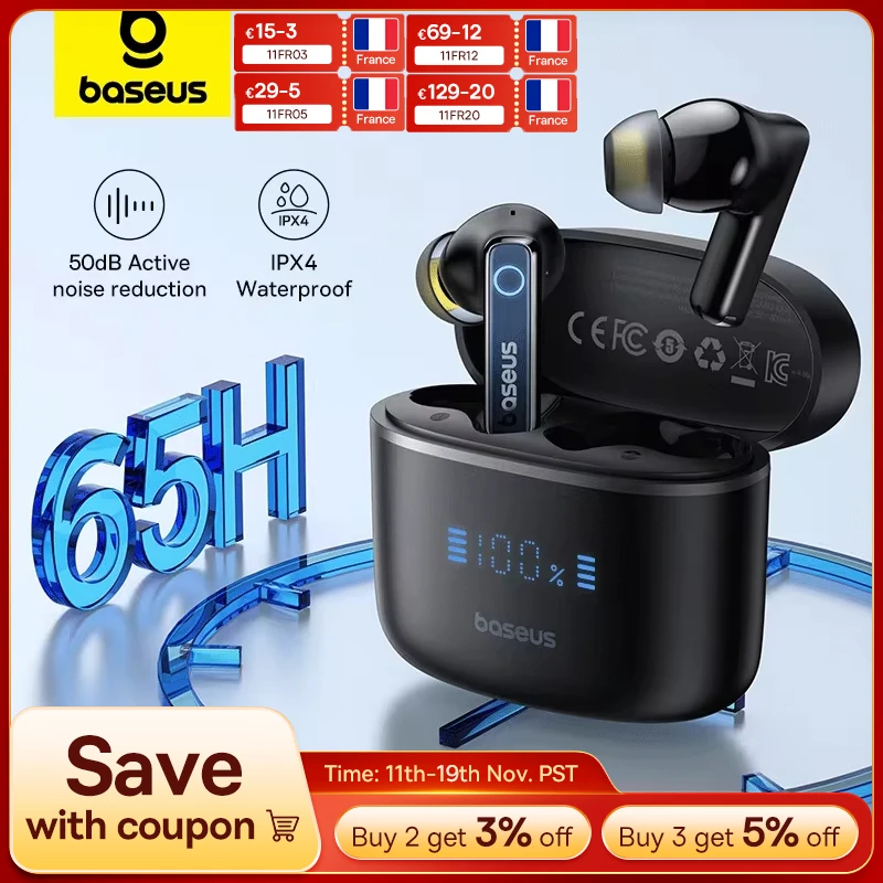 Baseus Bowie 30 écouteurs sans fil 50dB réduction du bruit 65 heures longue durée de lecture Bluetooth 5.3 écouteurs 6 micros AI appel clair grosse basse Baseus Bowie 30 écouteurs sans fil 50dB réduction du bruit 65 heures longue durée de lecture Bluetooth 5.3 écouteurs 6 micros AI appel clair grosse basse