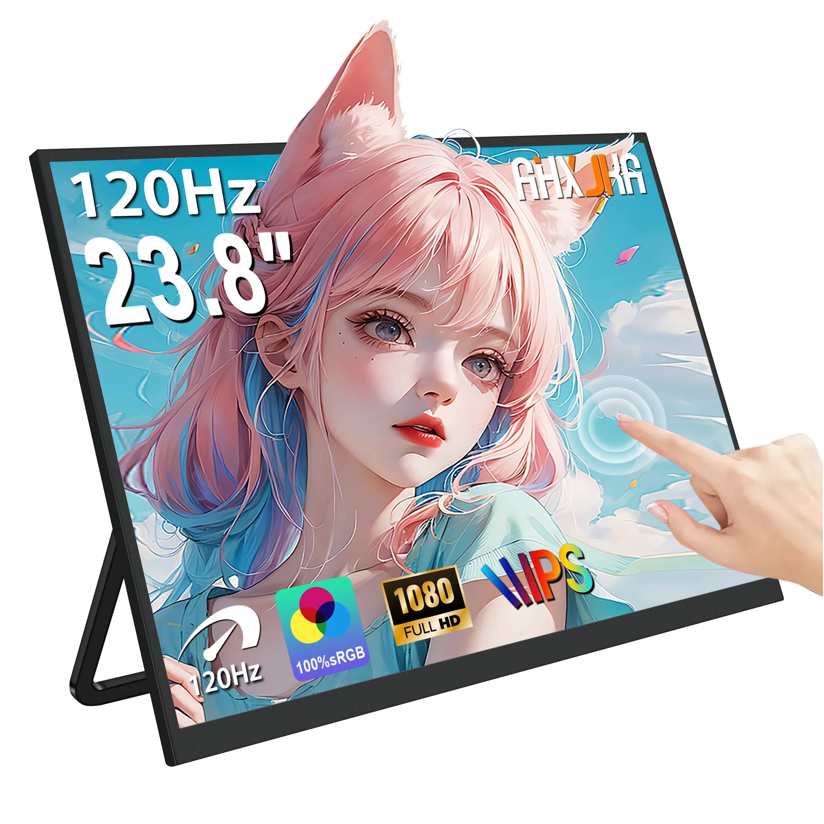 AHXJKA 23.8 Inci 120Hz Monitor Layar Sentuh Portabel USB-C HDMI Layar Gaming Eksternal Besar dengan Speaker dan Stand Terintegrasi untuk Laptop PS4/5