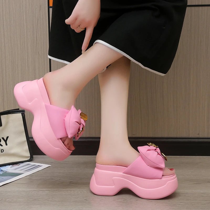 Platform Shoes Women Summer Sandals Super High Heels Wedges Shoes Women Fashion Butterfiy-knot Solid Sweet Chunky Flats Sandal