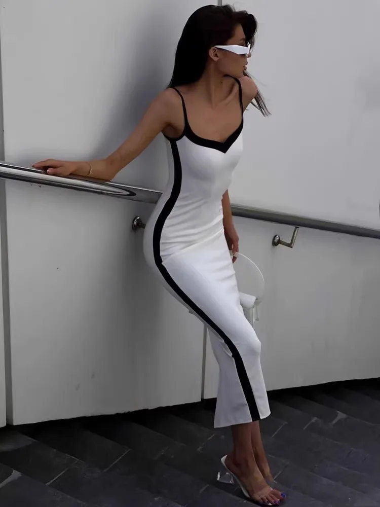 European And American Style Minimalist Suspender Dress For Women\'S Summer Black And White Splicing Slit Slim Fit Long Skirt