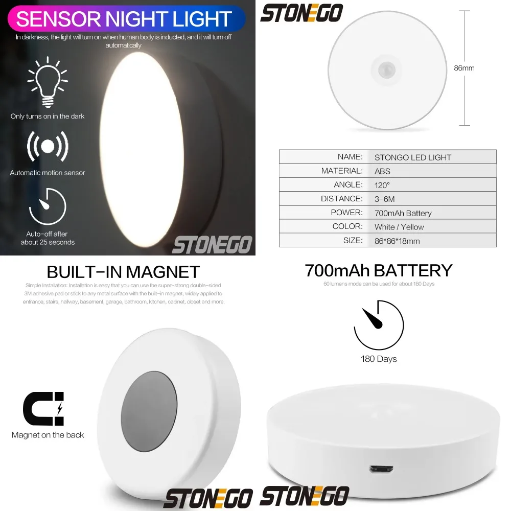 

Motion Sensor Light Magnetic Design, LED Night Light Built-in Battery 700mAh Rechargeable 60lumens 0.6W Removable Wall Lamp Led