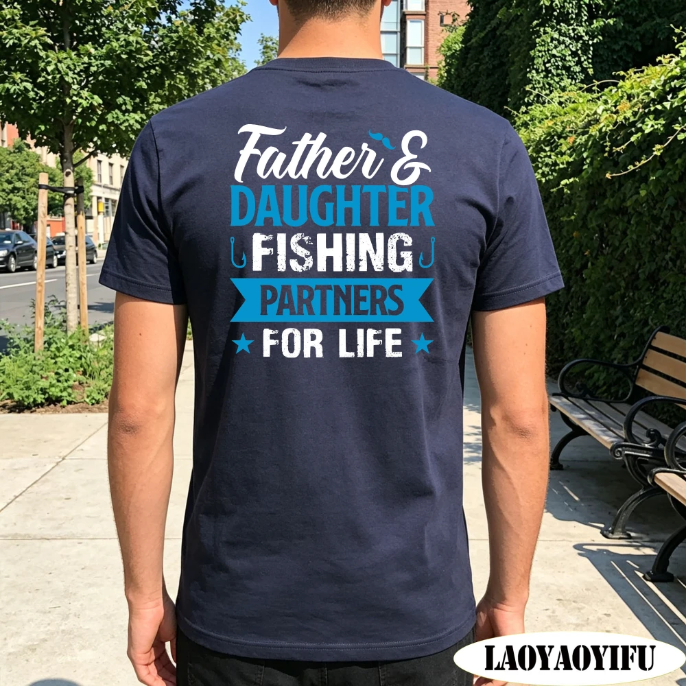 Father & Daughter Fishing Partners for Life Shirt Vintage Hook Star Banner Back Print Family Angler Outdoor Weekend Men T‑Shirt