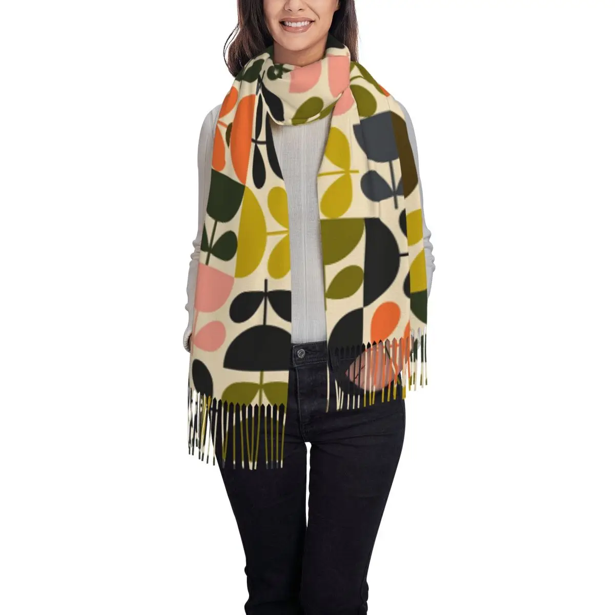 Flower Stem Orla Kiely Pattern Scarf Tassel Scarves for Women Soft Warm Shawls and Wraps Large Fall Winter Shawl Wrap