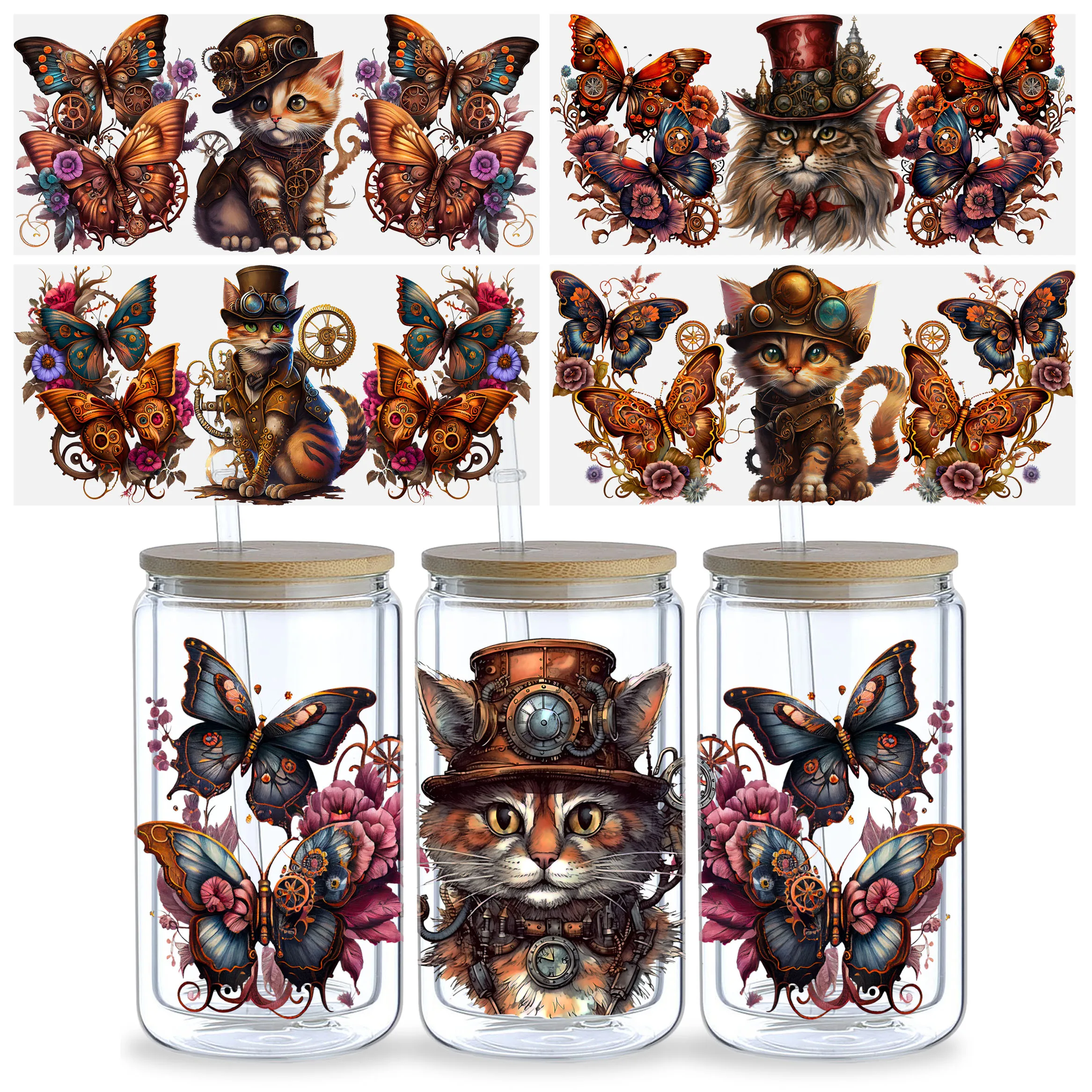 5 Sheets Steampunk Cat UV DTF Cup Wrap,Sport DTF Transfer Stickers for Glass Cup,Waterproof funny Steampunk Alien Rub on