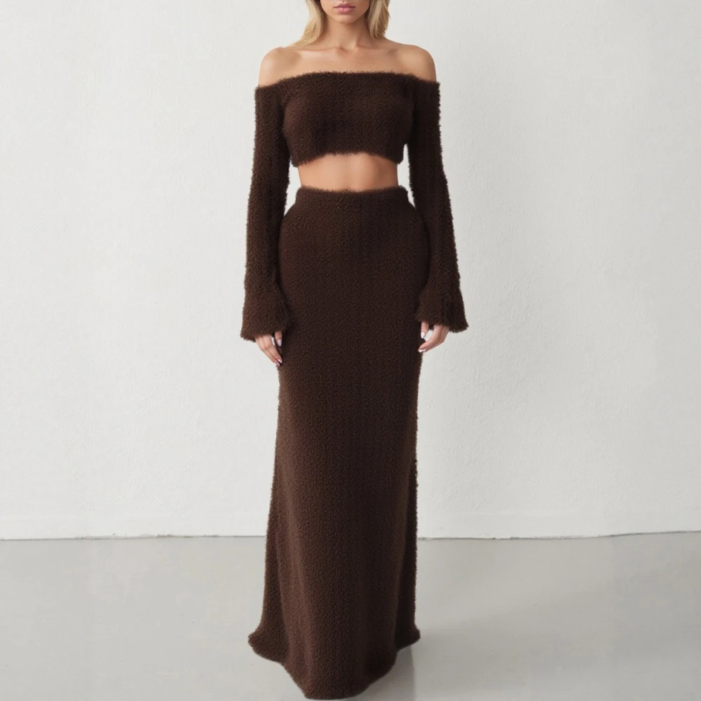 

Mia Muse Autumn Sets 2025 Women's Elegant Plain Long Sleeve Off Shoulder Top High Waist Skirt Casual Sets