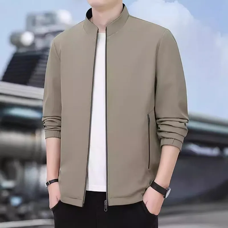 Men Stand Collar Zip Up Jacket Long Sleeve Business Casual Loose Pocket Outerwear Coat