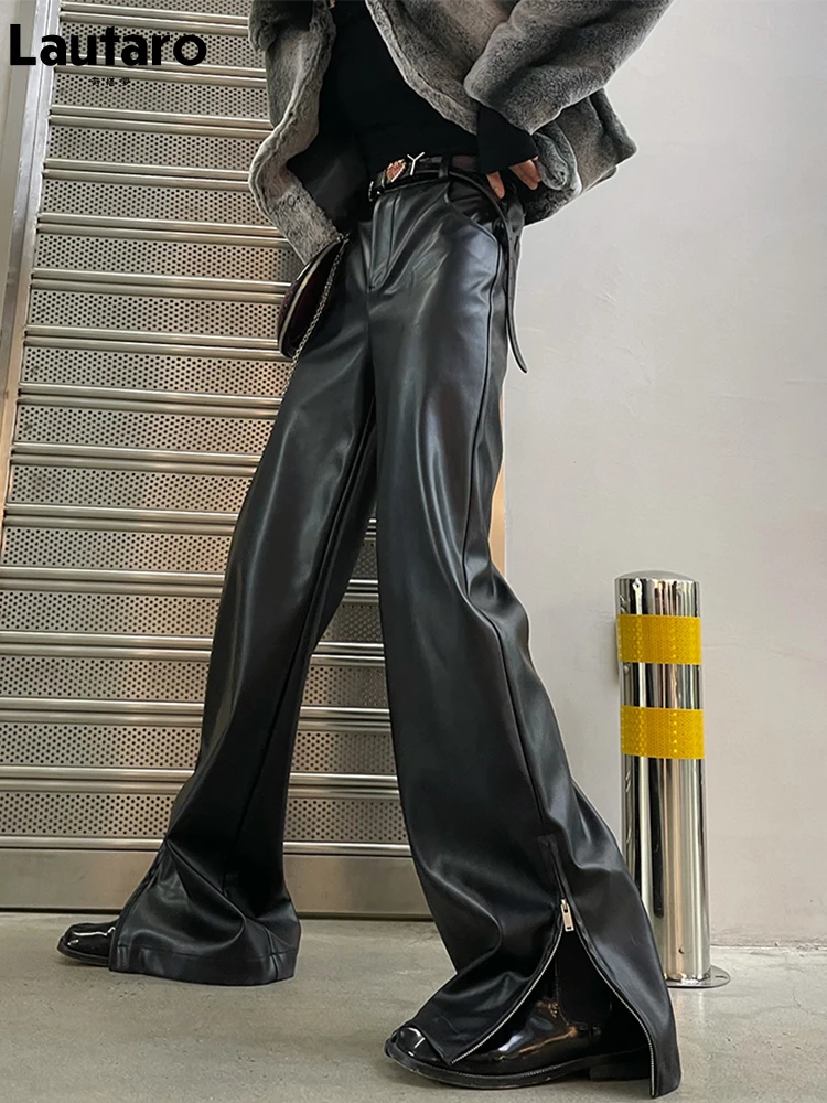 Lautaro Spring Autumn Cool Punk Black Soft Stretchy Faux Leather Floor Length Pants Streetwear Women High Waist 2022 Fashion