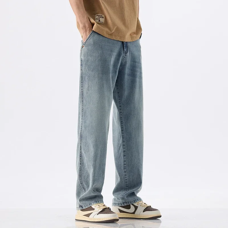 Lyocell لينة فضفاضة الجينز الرجال الصيف رقيقة شخصية واسعة مستقيم السراويل موضة خمر سراويل جينز الذكور الشارع الشهير