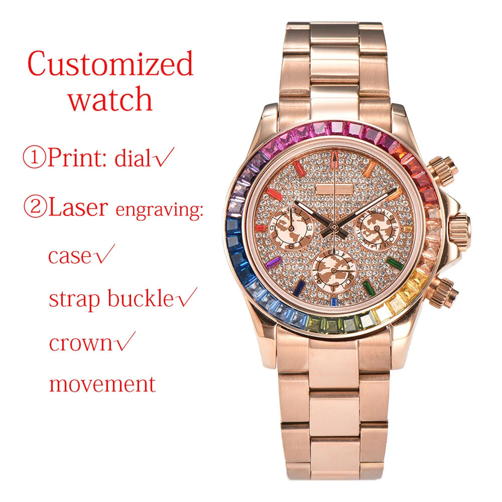 Customized 39.2mm Rainbow Watch DTN VK63 Movement Panda Three Eye Quartz Watch Sapphire Glass Timing Code Electric Watch