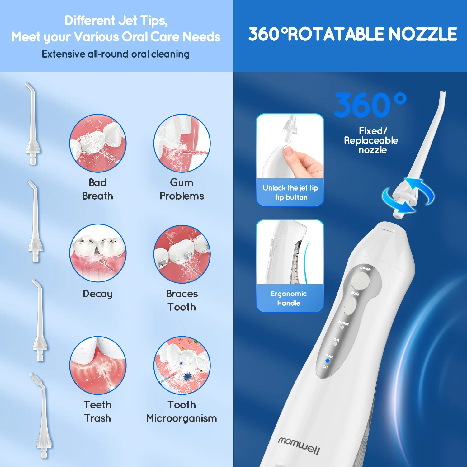 Fil dentaire à eau portable sans fil, cure-dents, nettoyeur de dents, IPX7, médiators buccaux étanches, 4 jets, 3 modes, D52