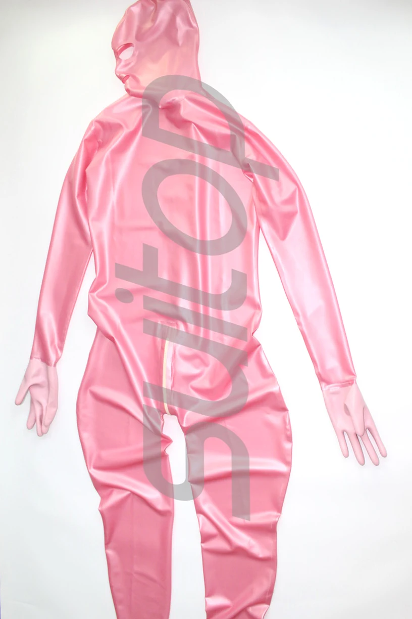 New woman's Full cover body latex catsuit  rubber zentai with back 3 zippers gloves, socks and hoods attahced in Metallic pink