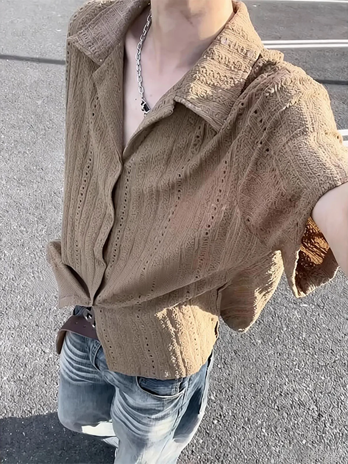 Men's Knitted Hollow out Short Sleeve Shirt Casual Style Half Sleeve American Cuban Collar Open Cardigan Shirt Youth Summer F...