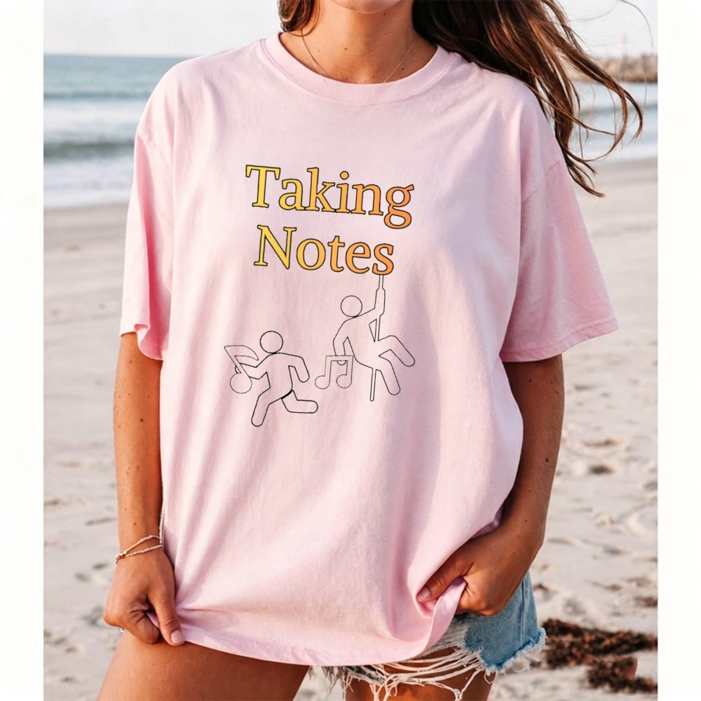 Taking Notes Funny Stick Figure Women Summer T-Shirt Cute Music Art Cartoon Print Loose Tee Streetwear Clothing
