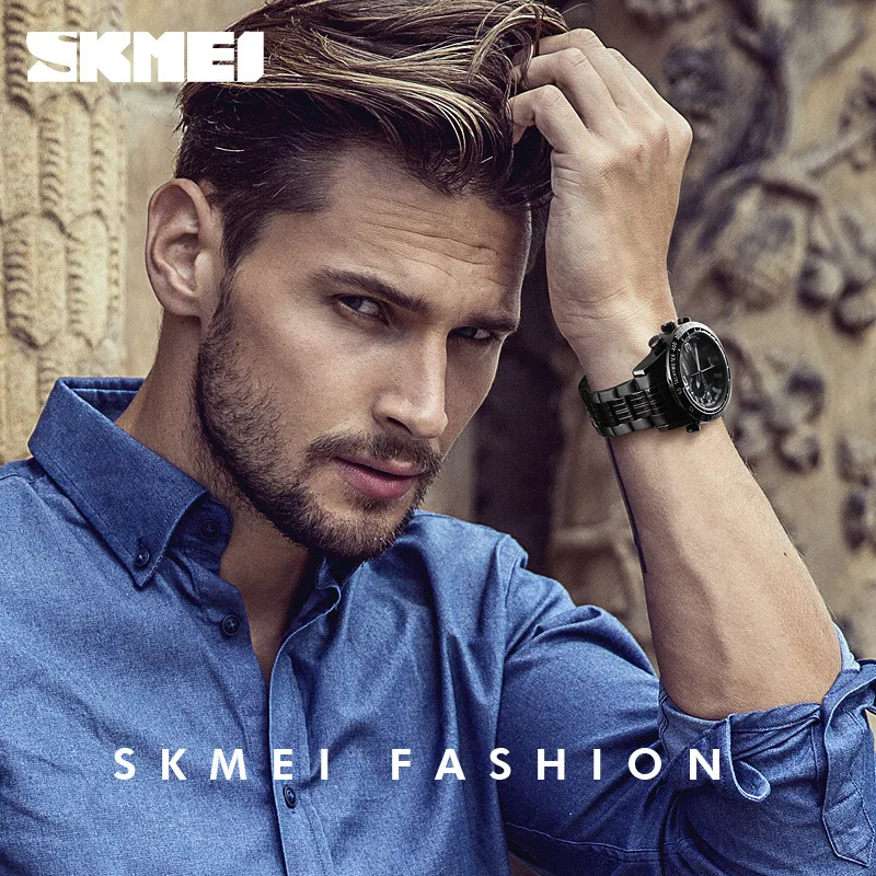 Skmei модные деловые мужские многофункциональные часы с стальным ремешком электронные часы