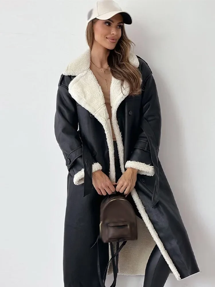 Fur Leather Long Jacket Women Belt Lambswool Long Sleeve Turndown Collar Pocket Female Coat 2023 Autumn Winter Lady Overcoat