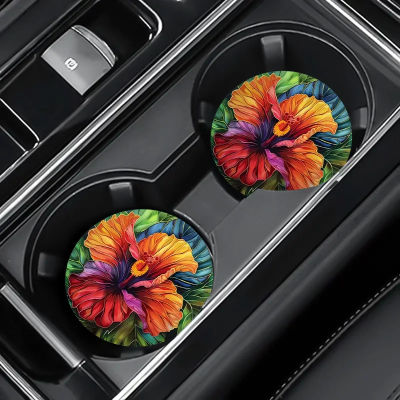 2pcs Hibiscus Flower Faux Leather Car Cup Coasters, Durable, Easy-to-Clean, Universal Fit, Floral Vehicle Cup Holder Decor, With