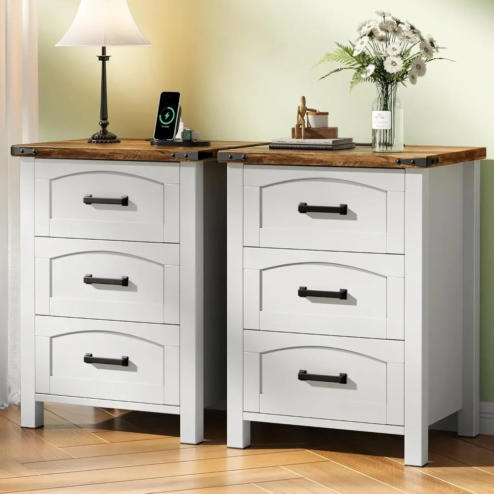 Farmhouse Nightstand Set of 2 with Charging Station,  Wood Bedside Table for Bedroom, Customized