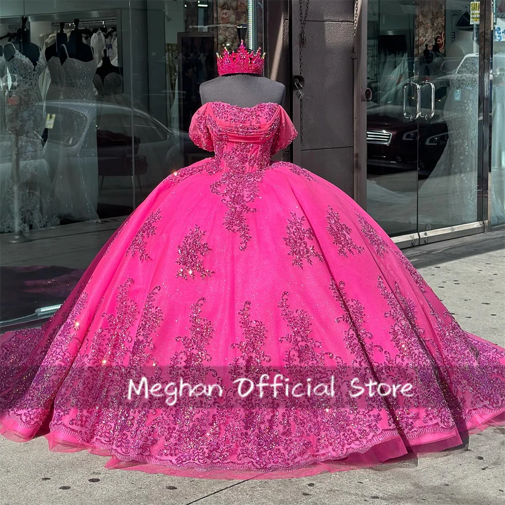 

Mexico Fuchsia Sequin Quinceanera Dresses Bead Appliques Ball Gown Party Dress Bow Special Occasion Gown Sweet 16 Customized