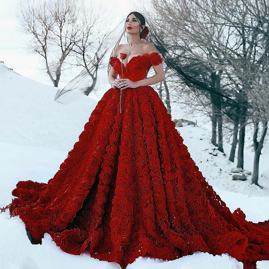 2024 Bridal Gowns Dark Red Ball Gown Wedding Dresses With 3D Rose Flowers Cathedral Train Arabic Off Shoulder Backless