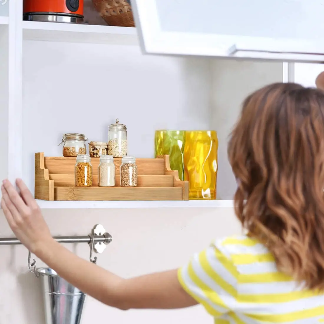 Spice Rack Kitchen Cabinet Organizer- 3 Tier Bamboo Expandable Display Shelf, Bamboo 3-Layer Adjustable Spice Rack