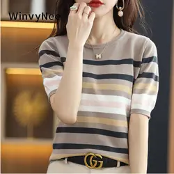 WinvyNee Summer Women 100% Cotton T-shirts Tops Short Sleeve O neck Striped Sweater Casual Basic Female Pullover A1092002