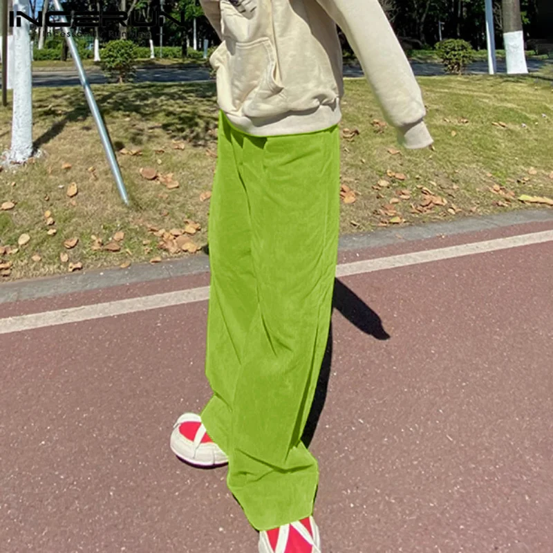 

INCERUN 2024 Korean Style Trousers Fashion Men Solid Corduroy Fabric Wide Leg Pants Casual Simple Male All-match Pantalons S-5XL