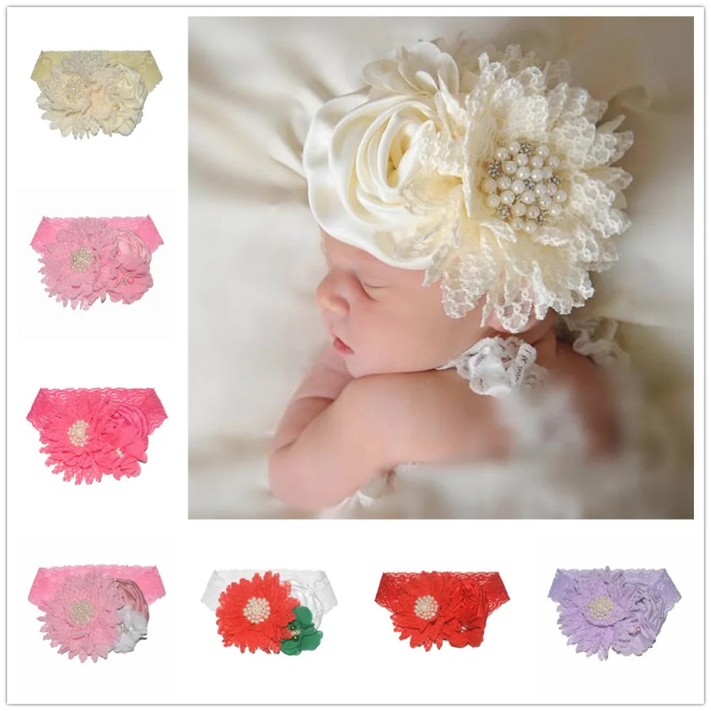 Babys girls Flower Headbands Newborn Infant Pearl Flowers With Lace wide Headwear Bebes Hair accessories Phoro props Kids Turban