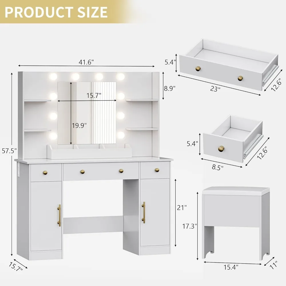 Vanity Desk with Mirror and Lights, Storage Drawers&Stool, Power Outlet, 3 Lighting Mode Adjustable Brightness&RGB Ambient Light