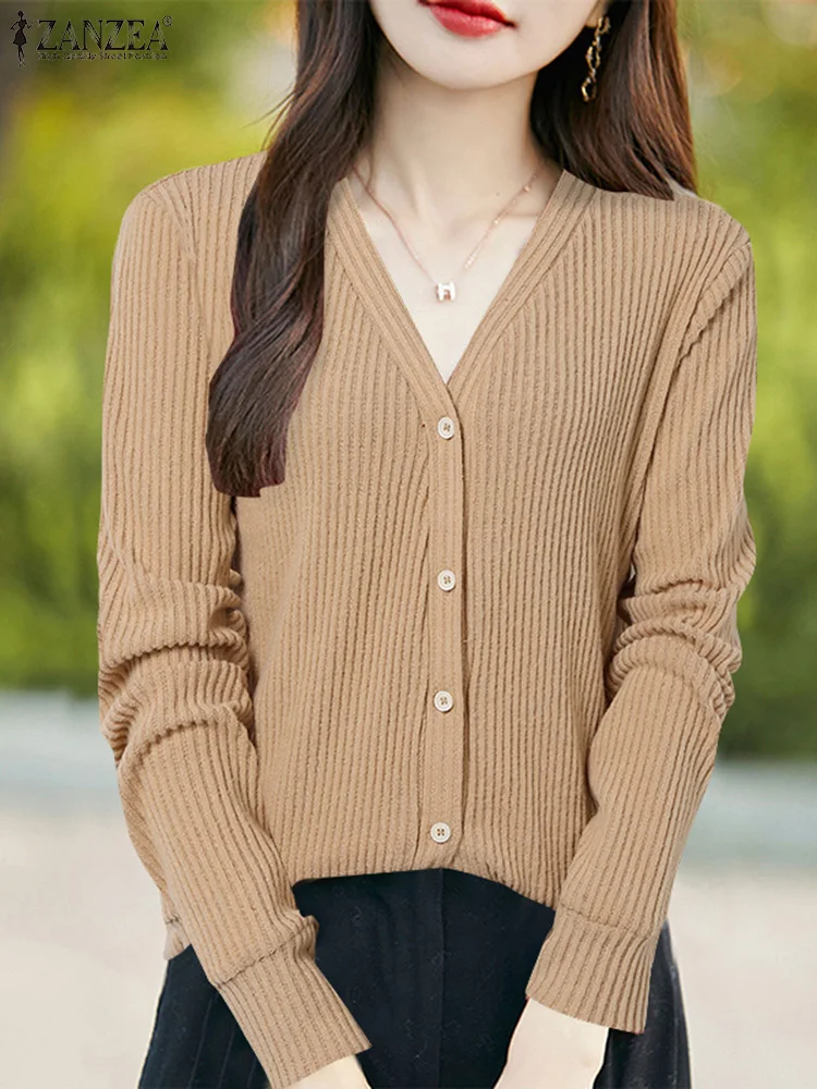 ZANZEA 2024 Fall Korean Style Sweaters Long Sleeve Brushed Ribbed Women Elegant Cardigan Tops Button Up V Neck Knitted Tops