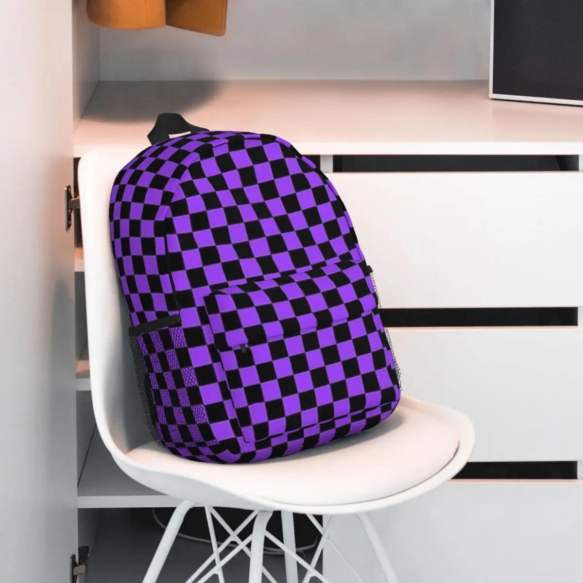 Mochila cheque roxo e preto para mulheres e adolescentes, mochila escolar, viagem, laptop, moda