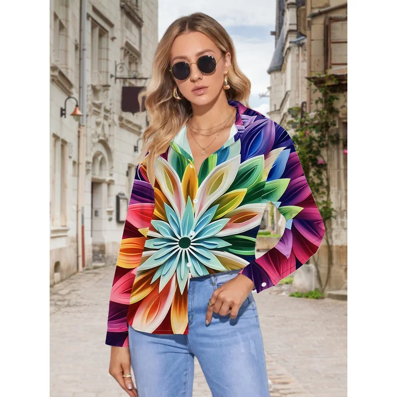 New Women'S Casual Long-Sleeve Shirt with Vibrant Layered Floral Design, Featuring a Clear Gradient Effect