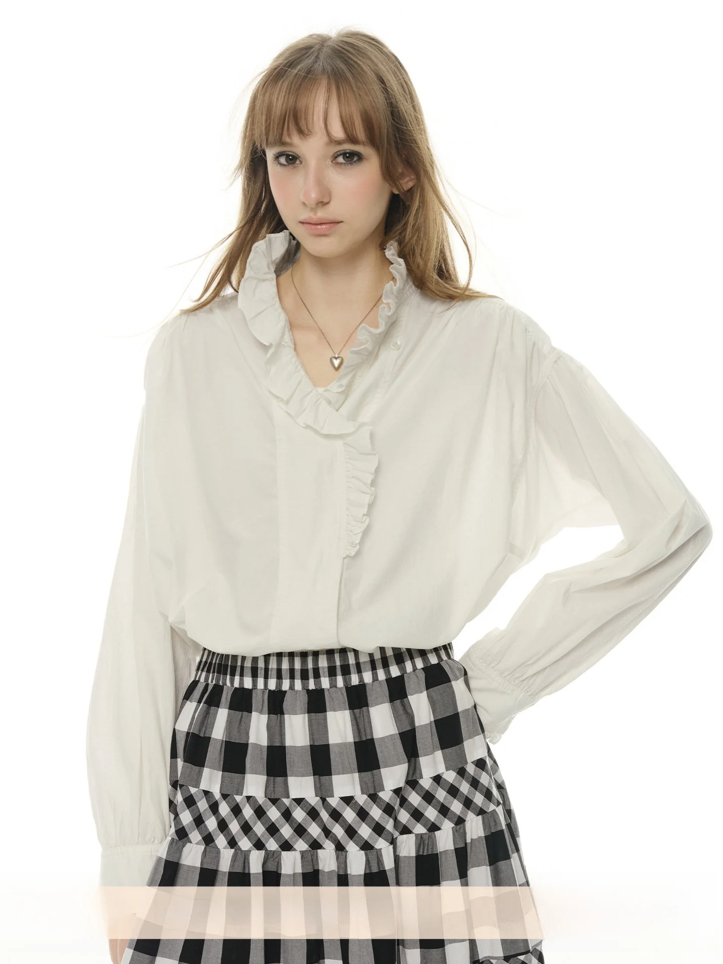 

UNRETRO French Sle Pure Cotton V-ne irt Women's Loose Long Sve White Lace Hem Spring Breathable Comfortable Casual S...