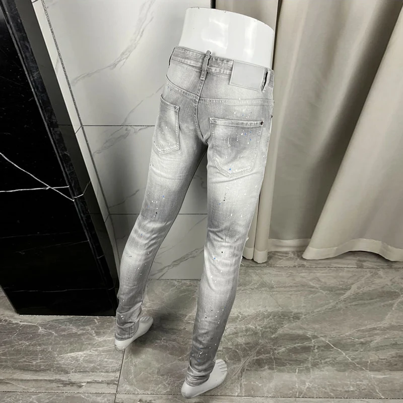 Fashionable new jeans, painted, washed, nostalgic, stretchy, slim fit, retro, light gray men's jeans, designer high street hip-h