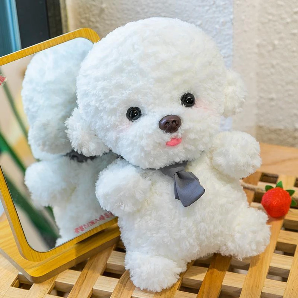 Brinquedo de pelúcia Urso Bichon Branco Artificial, Cachecol Cinzento Sentado e em Pé, Kawaii Teddy Dog, Animal Doll Festival Presentes, 25cm