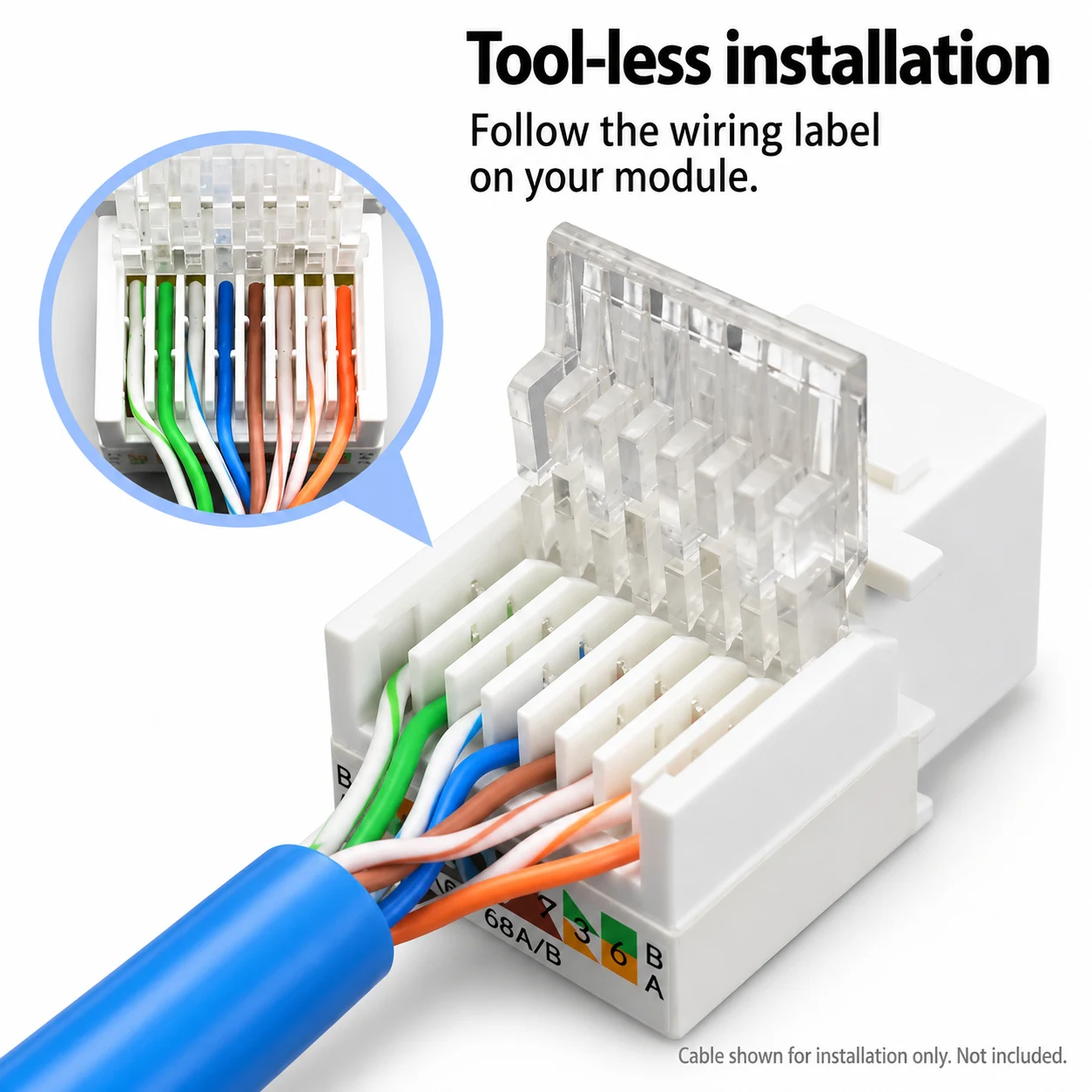 1PCS Cat5e RJ45 Tool-Less Keystone Jack White Ethernet LAN Network Cable Module with Clear Cover and Gold-Plated Copper Contacts