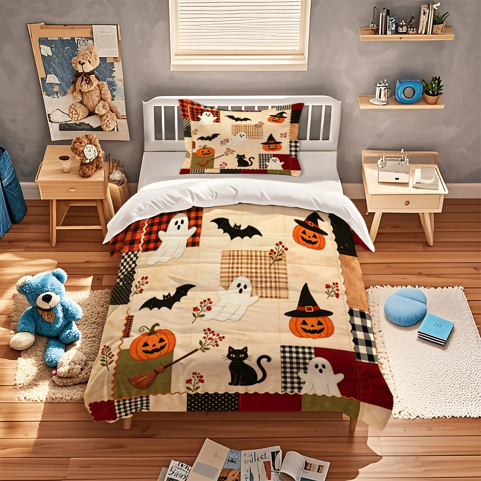 Halloween Duvet Cover Set Vintage Patchwork Pumpkin Ghost Black Cat Bat Print Bedding Set Retro Plaid Grid Soft Quilt Cover