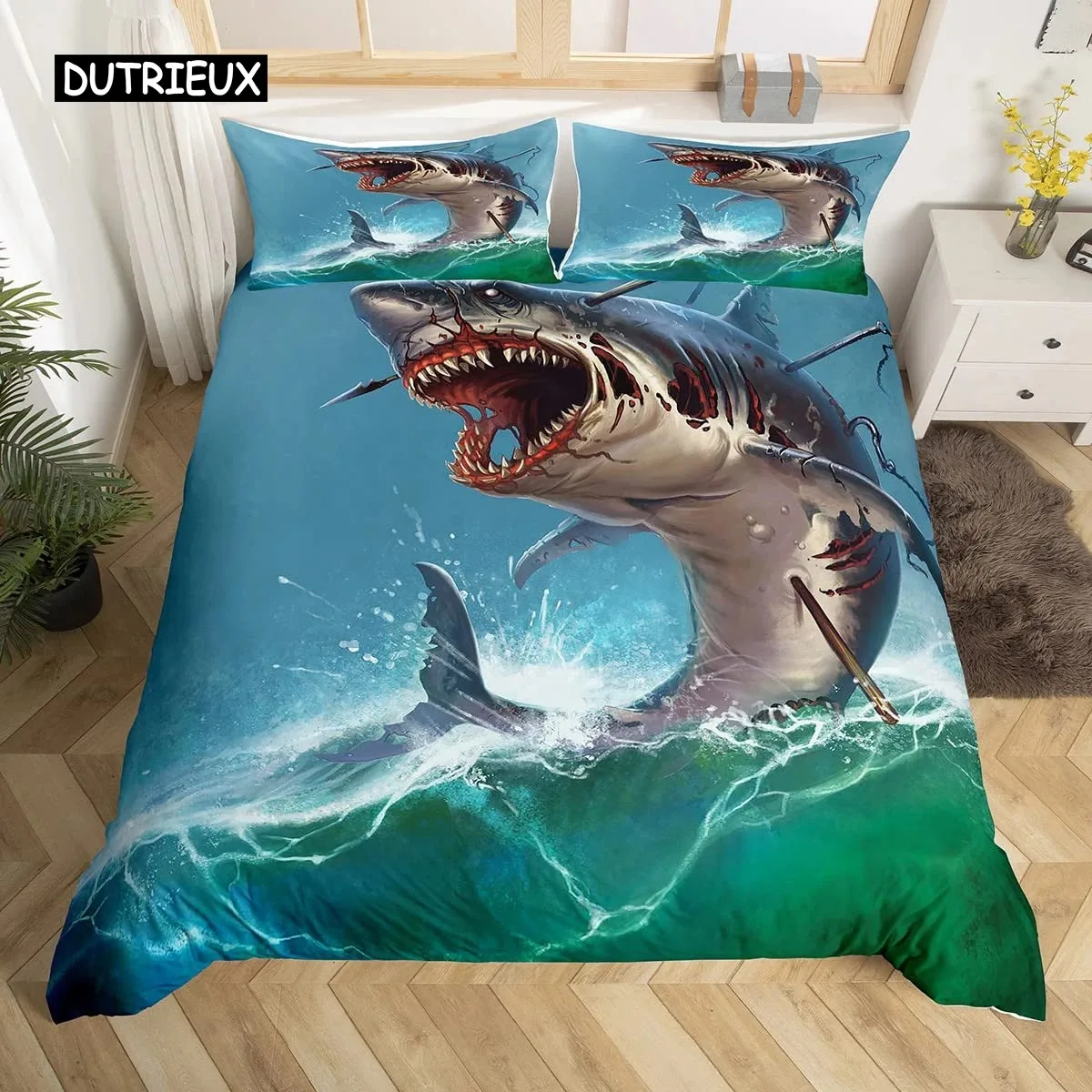 

Kids Shark Duvet Cover Deep Ocean Themed Wildlife Comforter Cover Sea Animal Bedding Set Big Fish Bedspread Cover Twin King Size