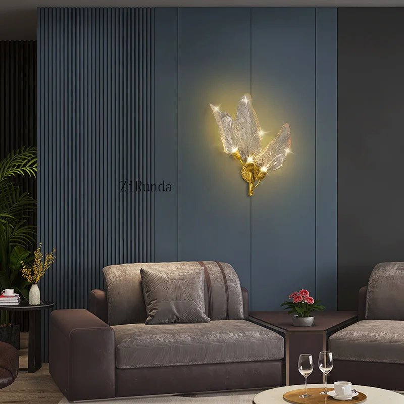 Post-modern light luxury all-copper leaf wall lamp, simple modern background wall decorative lamp, creative personality