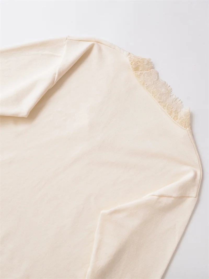 Damska bluzka 2025 jesień nowość biała z długim rękawem mieszanka koronki ozdobna dzianinowa bluzka typu pulower T-shirt casual modna uniwersalna