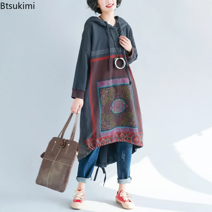 2025 Autumn Women's Loose Long Hoodies Vintage Printed Design Fashion Women Clothing Casual Sweatshirts Ladies Hooded Long Dress