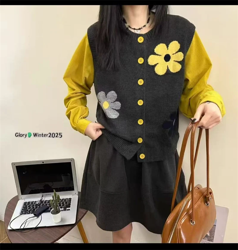 

Модный кардиган RAIN YAN LIN с цветными блоками, имитация двухслойного вязаного свитера из шерсти с цветочным узором, женский универсальный топ с круглым вырезом и длинными рукавами