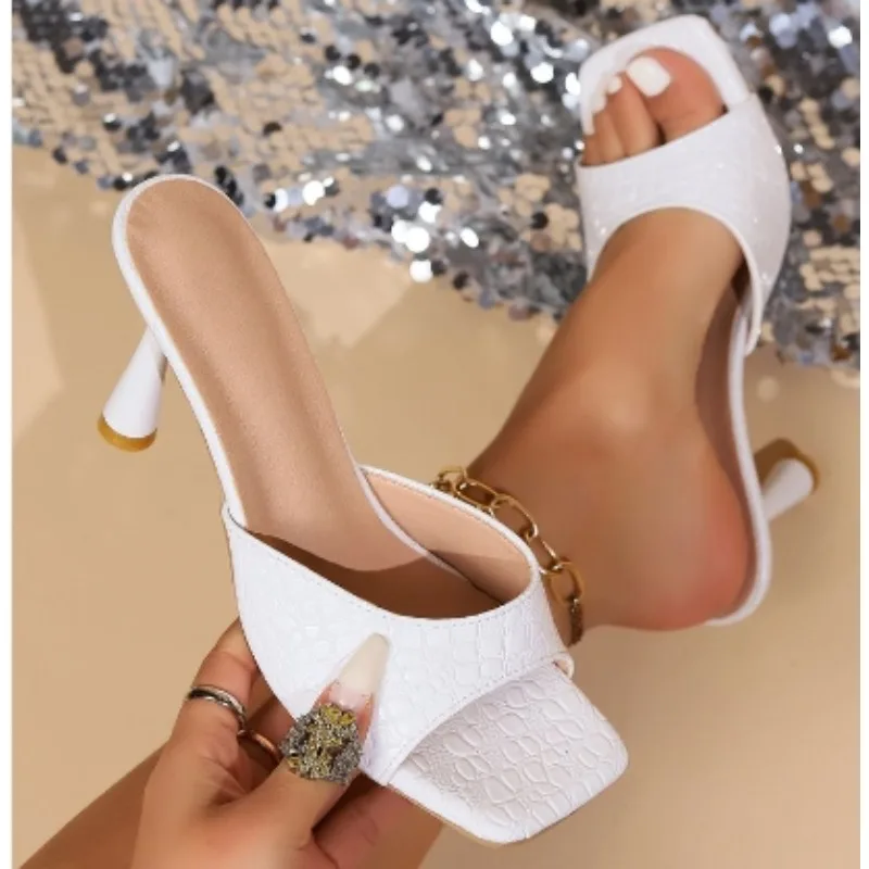 New Style Elegant Women High Heels Slippers Fashion Square Toe Flip Flops Sandals Design Open Toe Slingback Slides Female Pumps